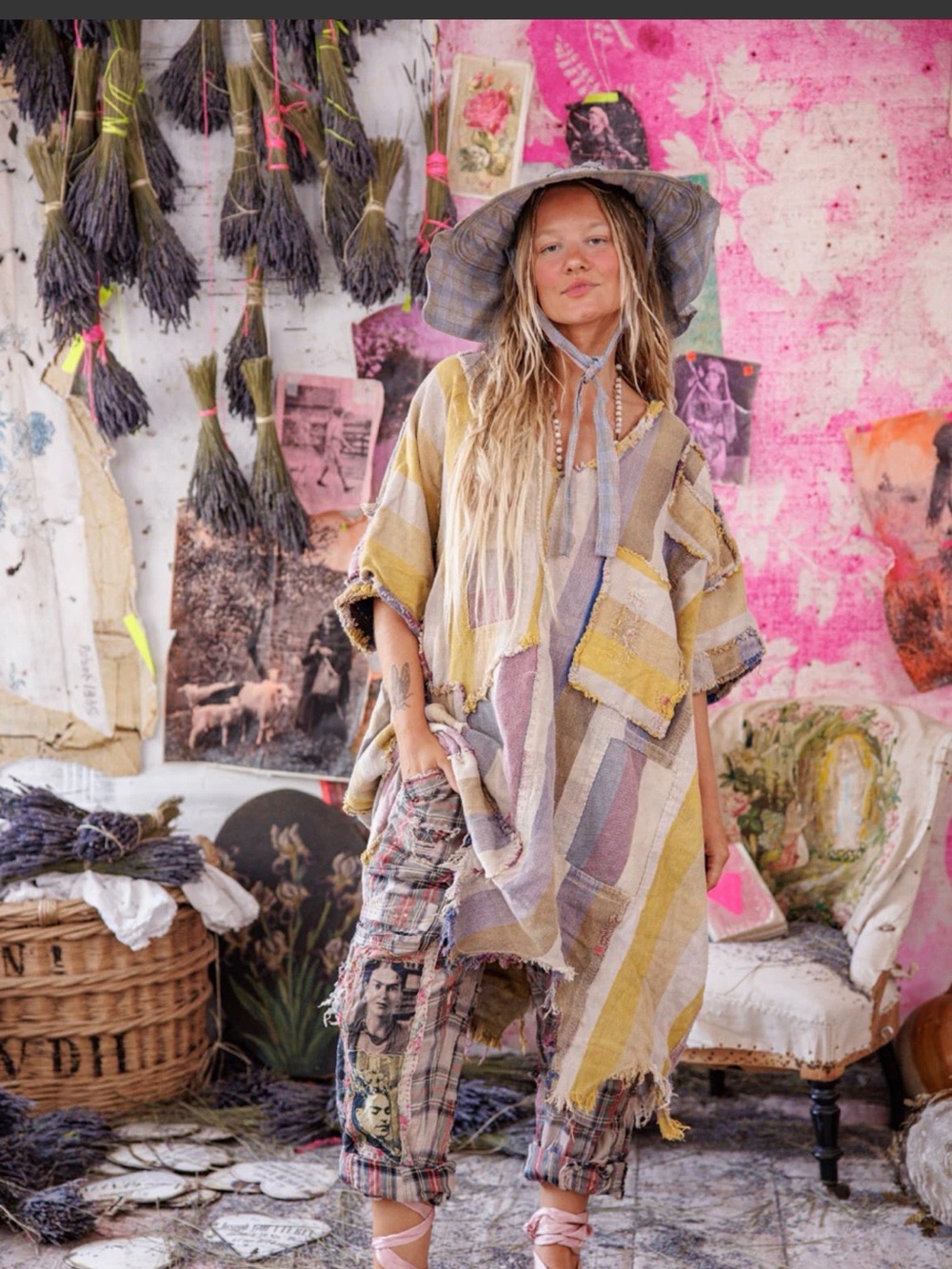 Magnolia Pearl Striped Heart Patch Poncho in Yellow, Lavender & Cream